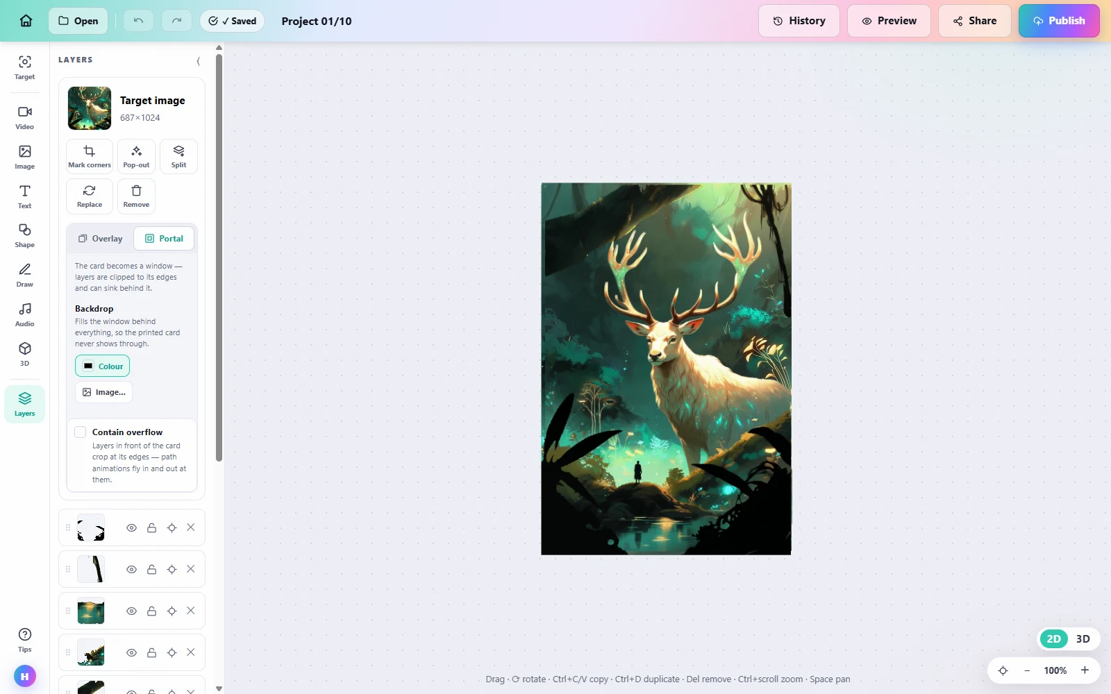 A real poster project open in the Interart editor: forest artwork as the tracked target with split layers and portal mode