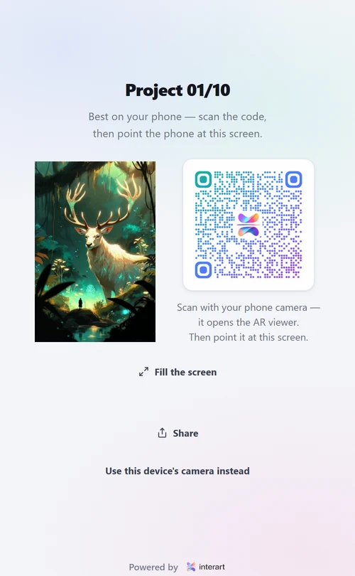 The Interart viewer start screen: the artwork beside the QR code that opens the viewer